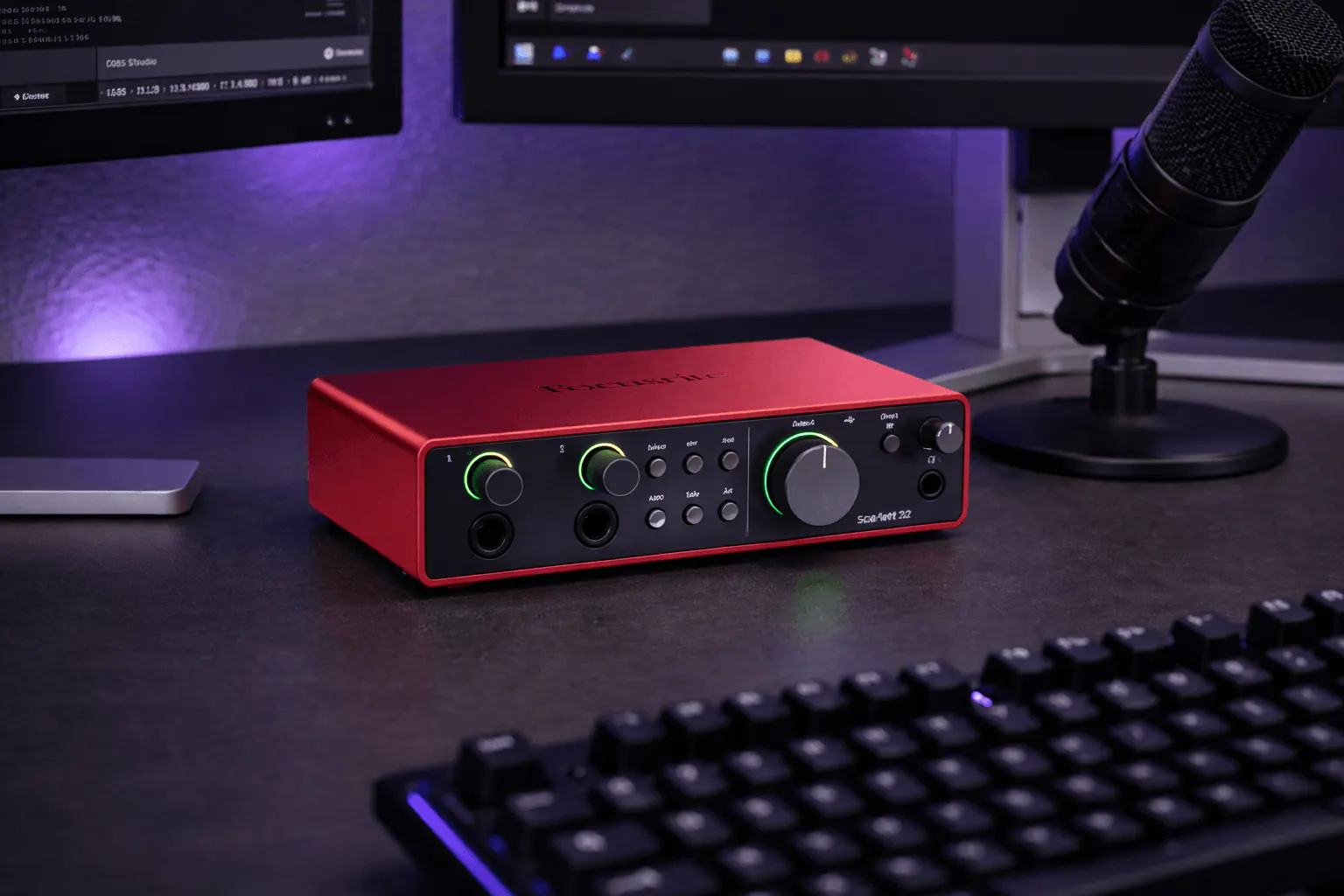 Audio interface connected to a microphone on a streaming desk