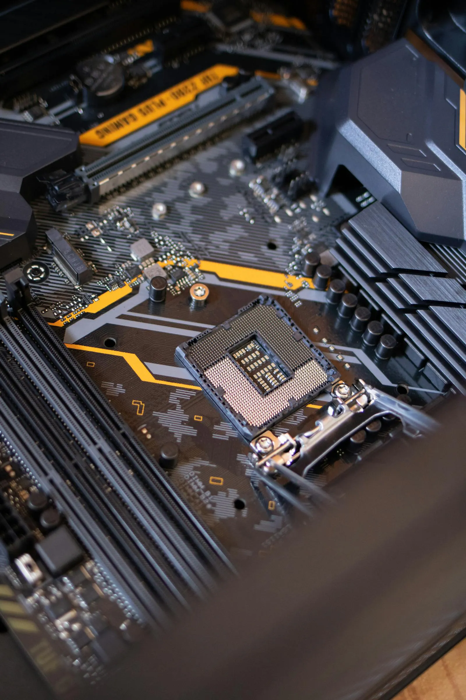 PCIe expansion slots and the CPU socket on a desktop gaming motherboard