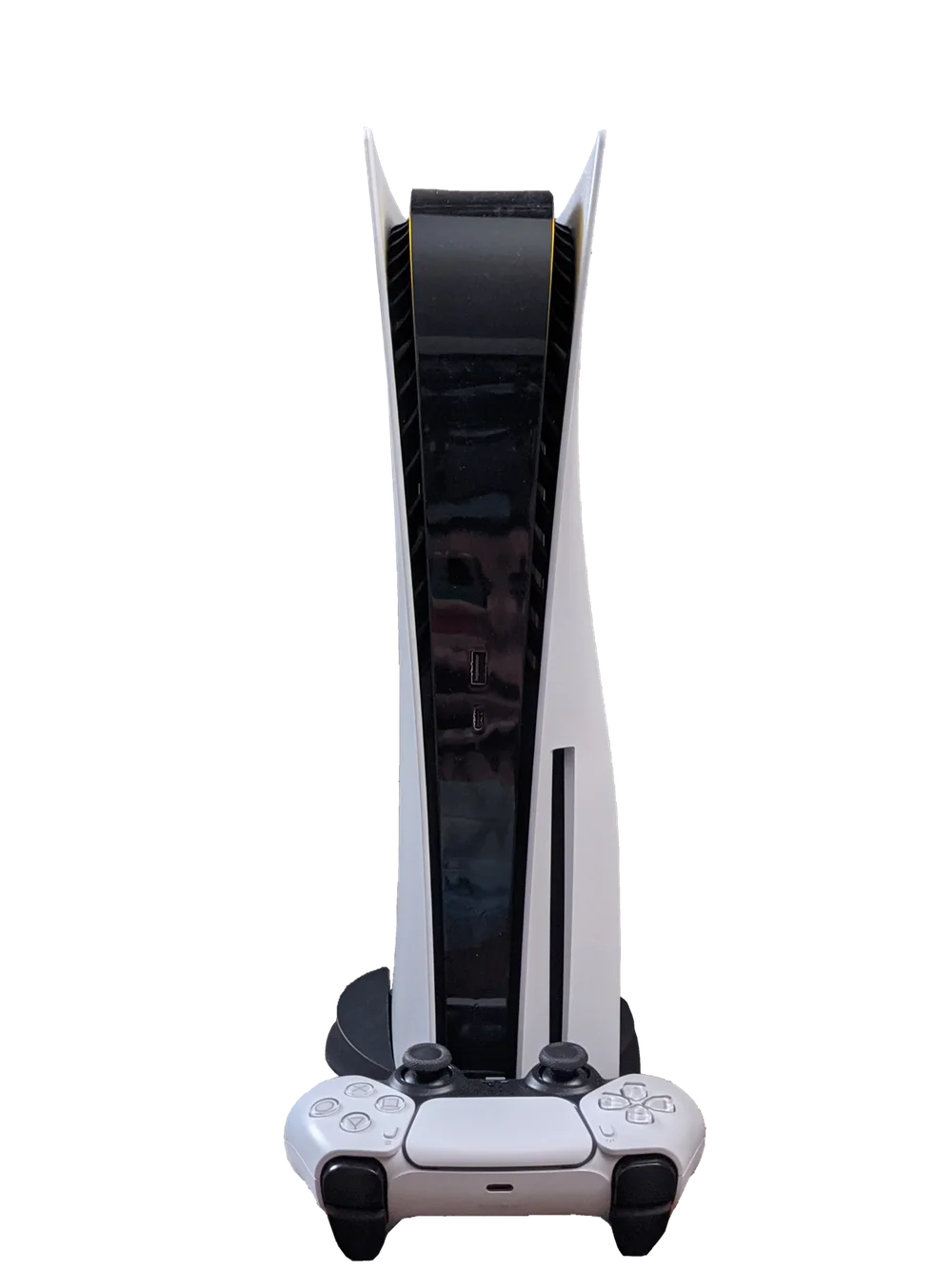 A PlayStation 5 console standing vertically on its base