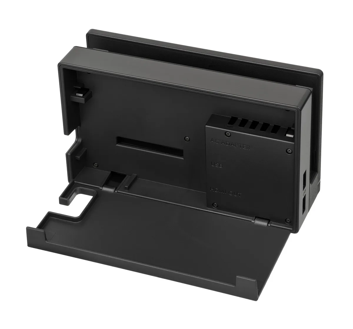 The rear port panel of a Nintendo Switch dock, showing the USB-C power, USB and HDMI OUT ports
